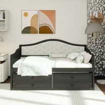 Twin Daybed with Trundle, Twin Size Daybed with 2 Storage Drawers, Wooden Sofa Bed with Upholstered Button Tufted Backrest for Living Room, Bedroom, Guest Room,Black