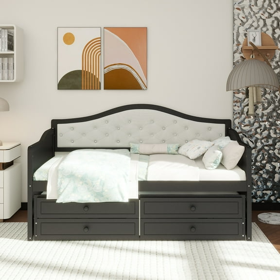 Twin Daybed with Trundle, Twin Size Daybed with 2 Storage Drawers, Wooden Sofa Bed with Upholstered Button Tufted Backrest for Living Room, Bedroom, Guest Room,Black