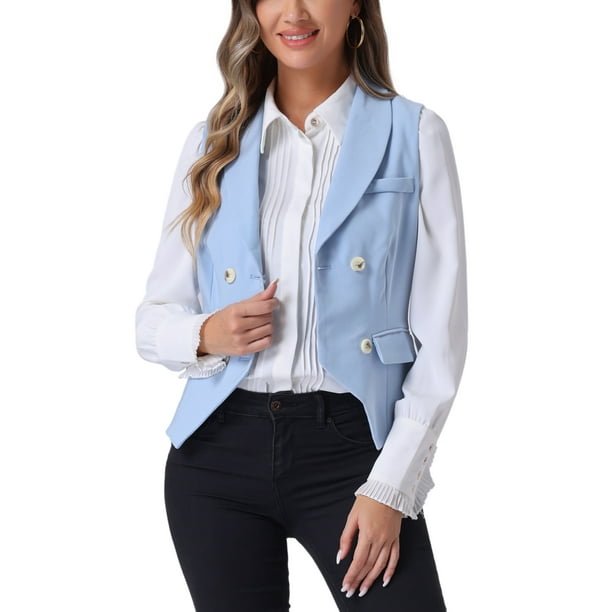Chaleco de traje de mujer INSPIRE CHIC de doble botonadura, con solapa, elegante, talla XL, azul claro