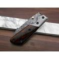 thumbnail image 4 of Damascus steel 7.5" long Folding Knife Rose wood with Damascus bolster pocket clip scale, custom made Hand Forged blade Cow hide leather sheath, 4 of 5