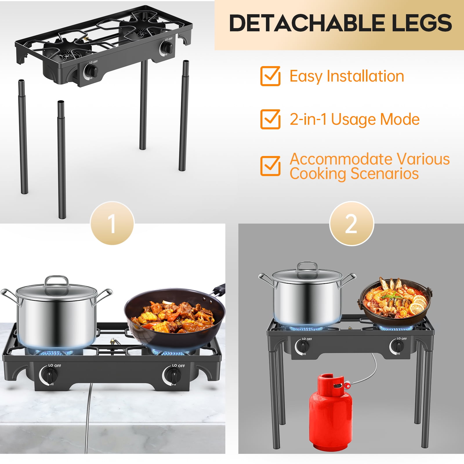 LNOW Gas Cooker Outdoor Propane Camping Stove with Wind Panel Picnic Stove Stand BBQ Grill Portable 150000 BTU Gas Stove 2 Burner for Camping
