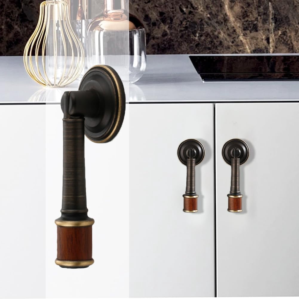 CATPAN 2Pcs Brass Walnut Drawer Pulls, Coffee Brass Cabinet Handles, Single Hole Cabinet Pull with Walnut Pendant, Antique Cabinet Door Handle for Home Kitchen Cabinets Drawers Dresser Cupboard