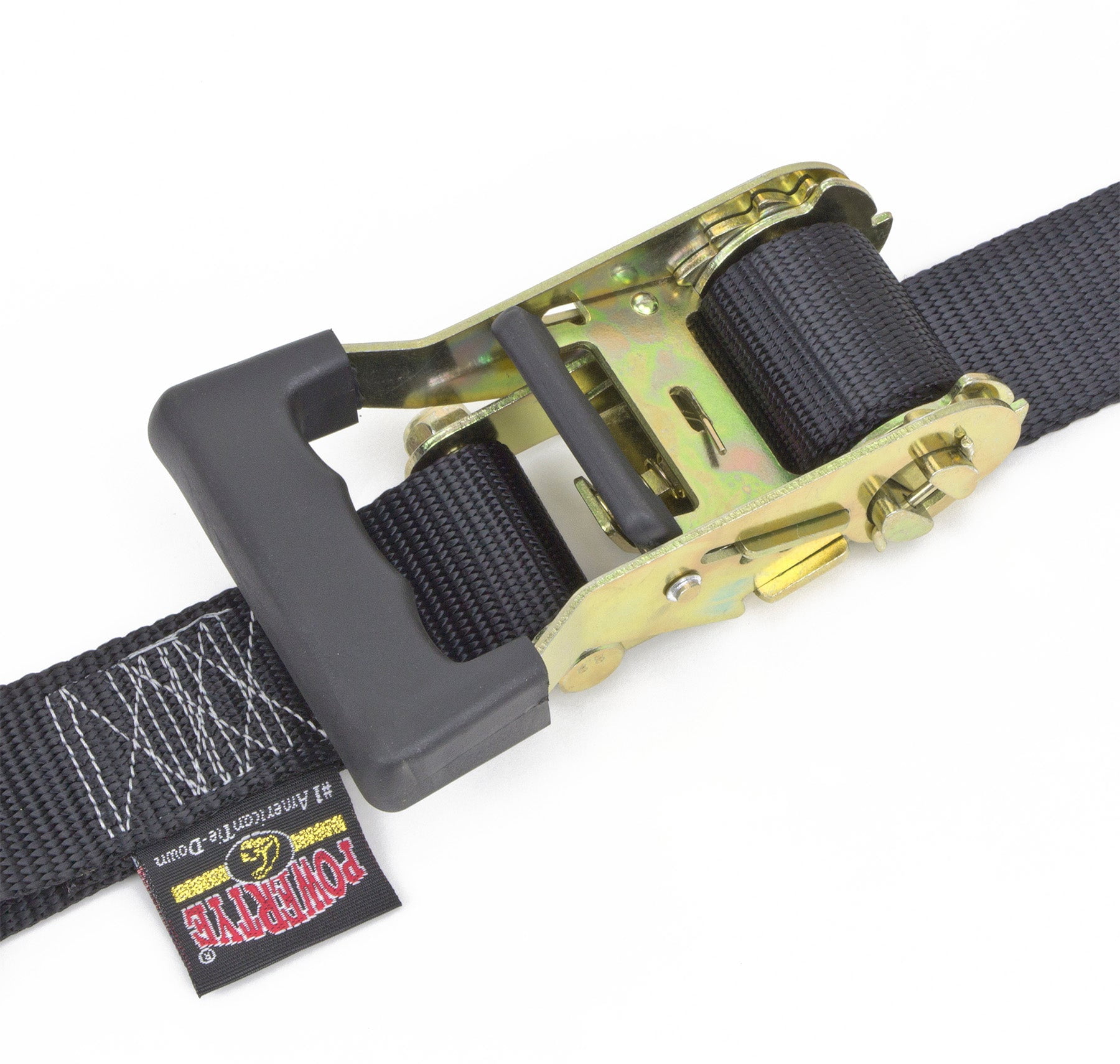 PowerTye MFG 1.5in x 12ft Rubber-Handle Yellow Ratchet Tie-Down Straps with Heavy-Duty J-Hooks, Black (Pair)