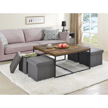 35" Weathered Oak Coffee Table By , 4 Storage Stools, Tabletop, Black Metal Base, Adjustable Legs For Smooth Operation With Optimal Practical Functionality