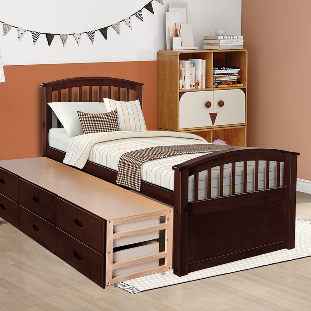 6-Drawer Storage Bed, BYMWAY Solid Wood Twin Size Platform Bed Storage