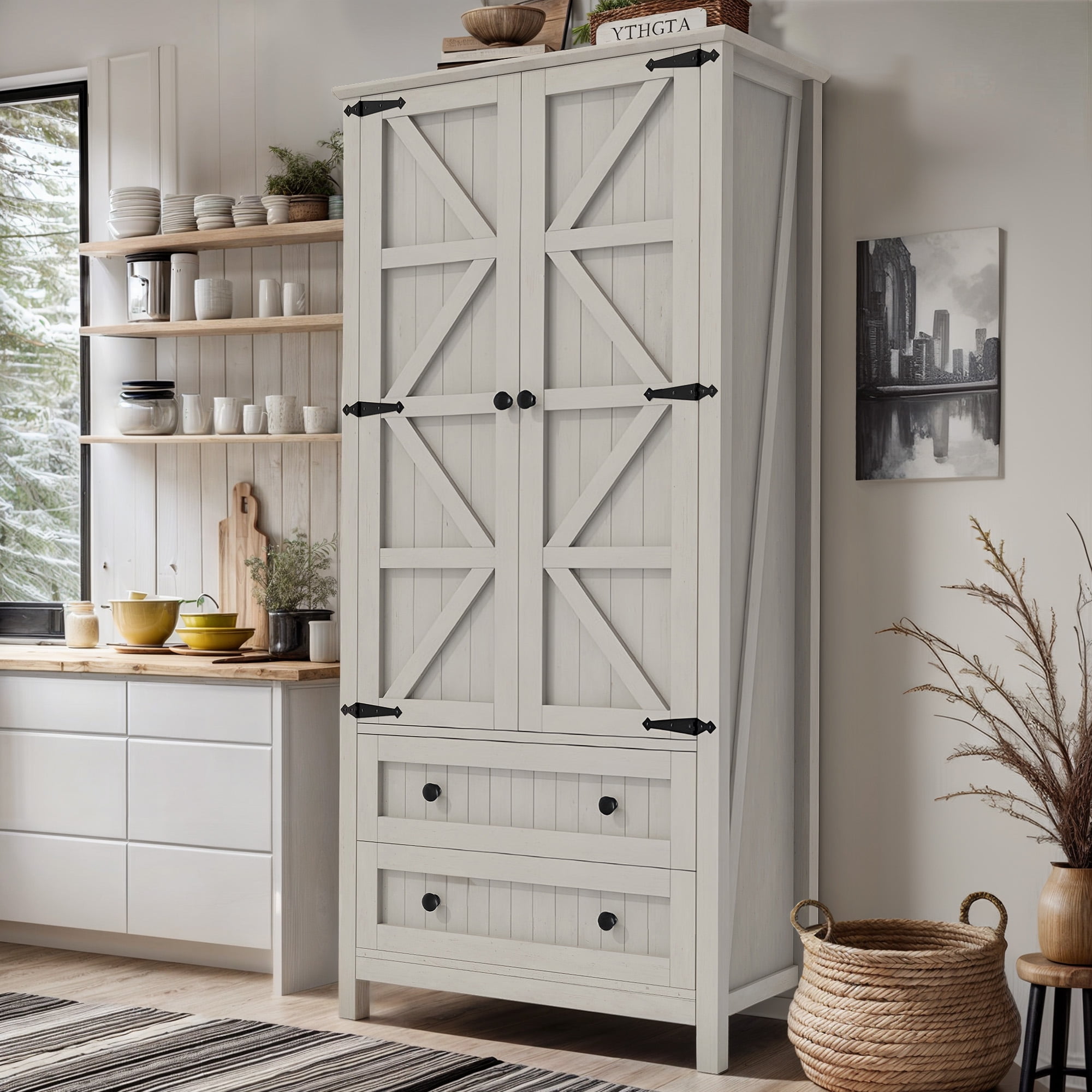 DWVO 64" Pantry Cabinet with drawers and Adjustable Shelves, Kitchen Storage Cabinet with Doors, White Oak