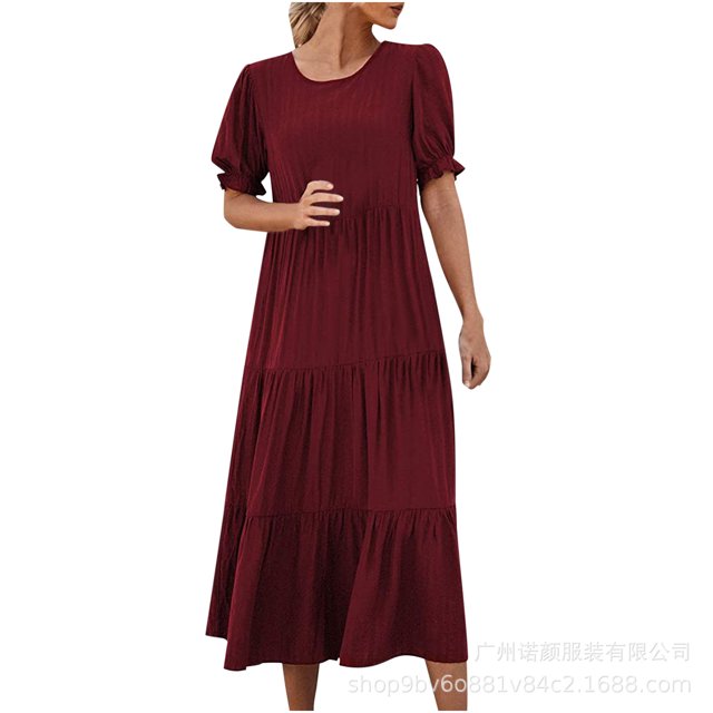 Nouvelle Robe d'Été Imprimée Couleur Unie Col Rond Manches Courtes Plissée Décontractée Grand Pendule-KEEW