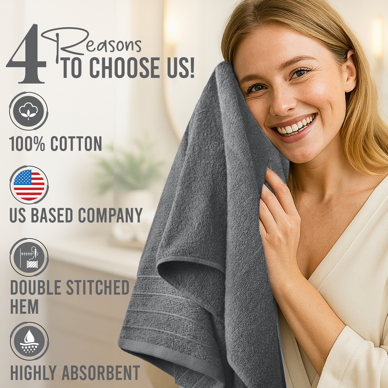 Dan River Bath Towel 30x60 pack of 4 Ultra Soft Quick Drying Large Cotton Towel - Gray
