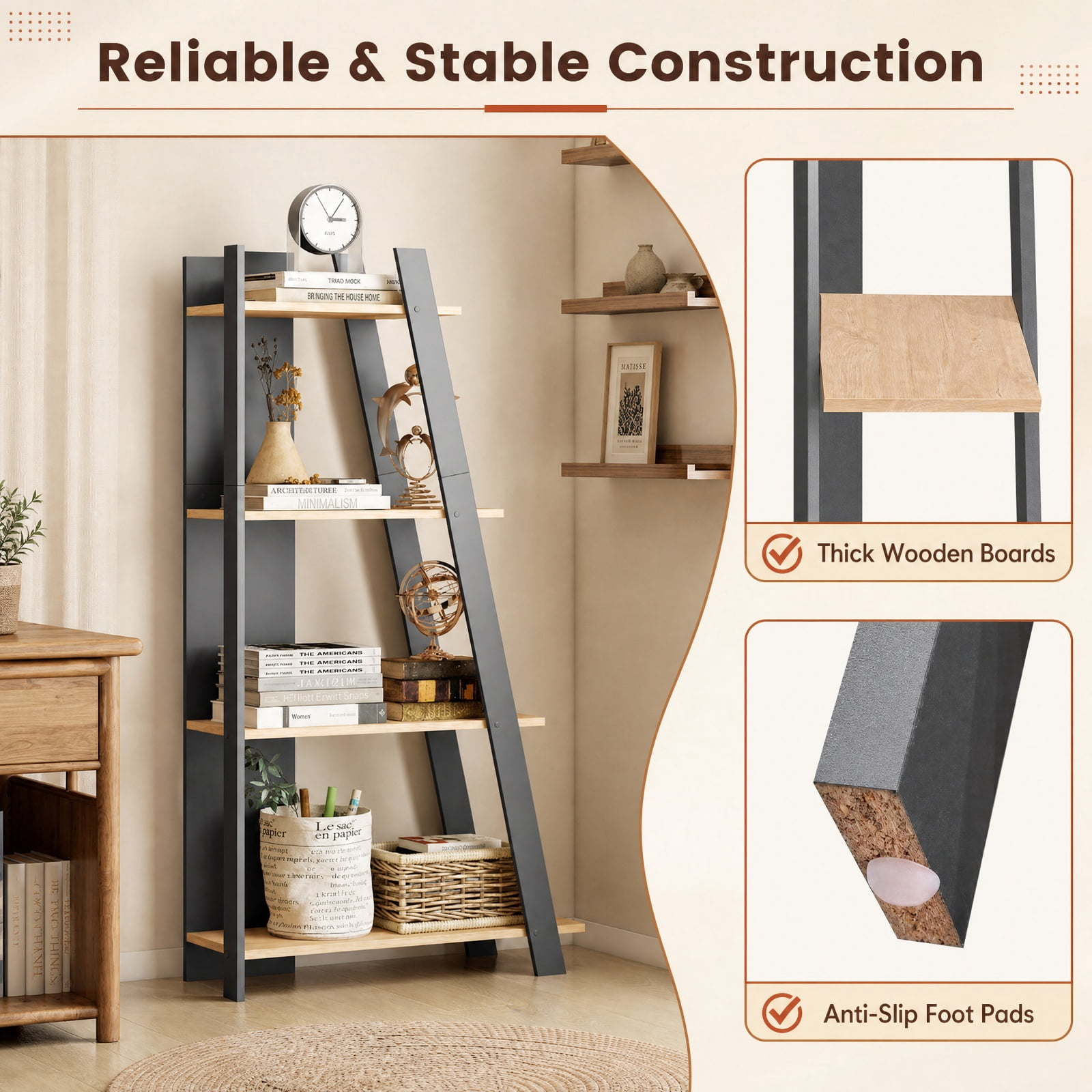 Furnibear 4-Tier Modern Bookshelf Wooden Vertical Display Book Shelf for Small Space for Living Room Home Office Bedroom Display Storage Shelf, Oak