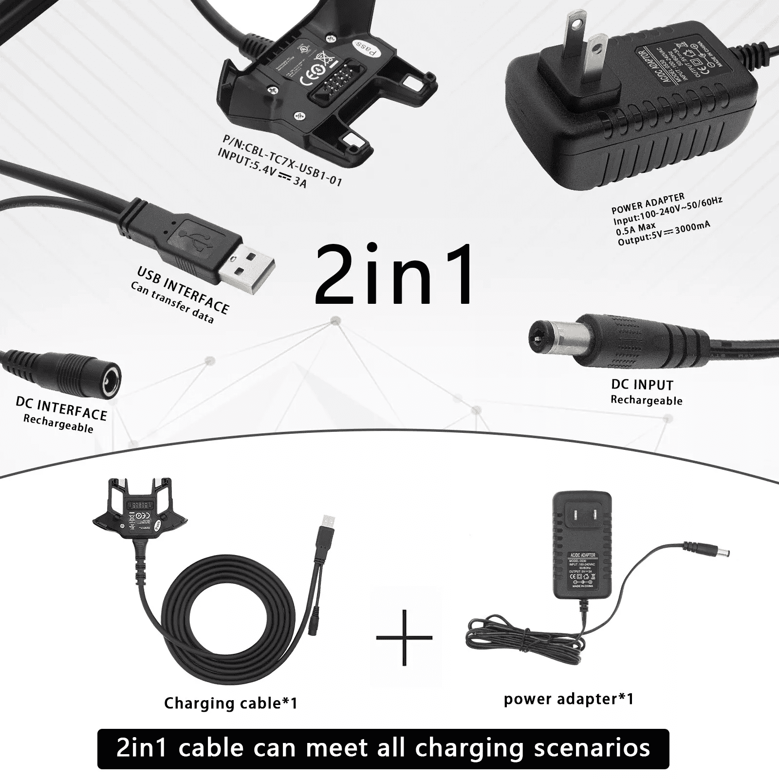 Charging Cable for Zebra Motorola TC70 TC75 Scanner USB Charger Cable with Adapter CBL-TC7X-USB1-01 for TC72 TC77 Scanner