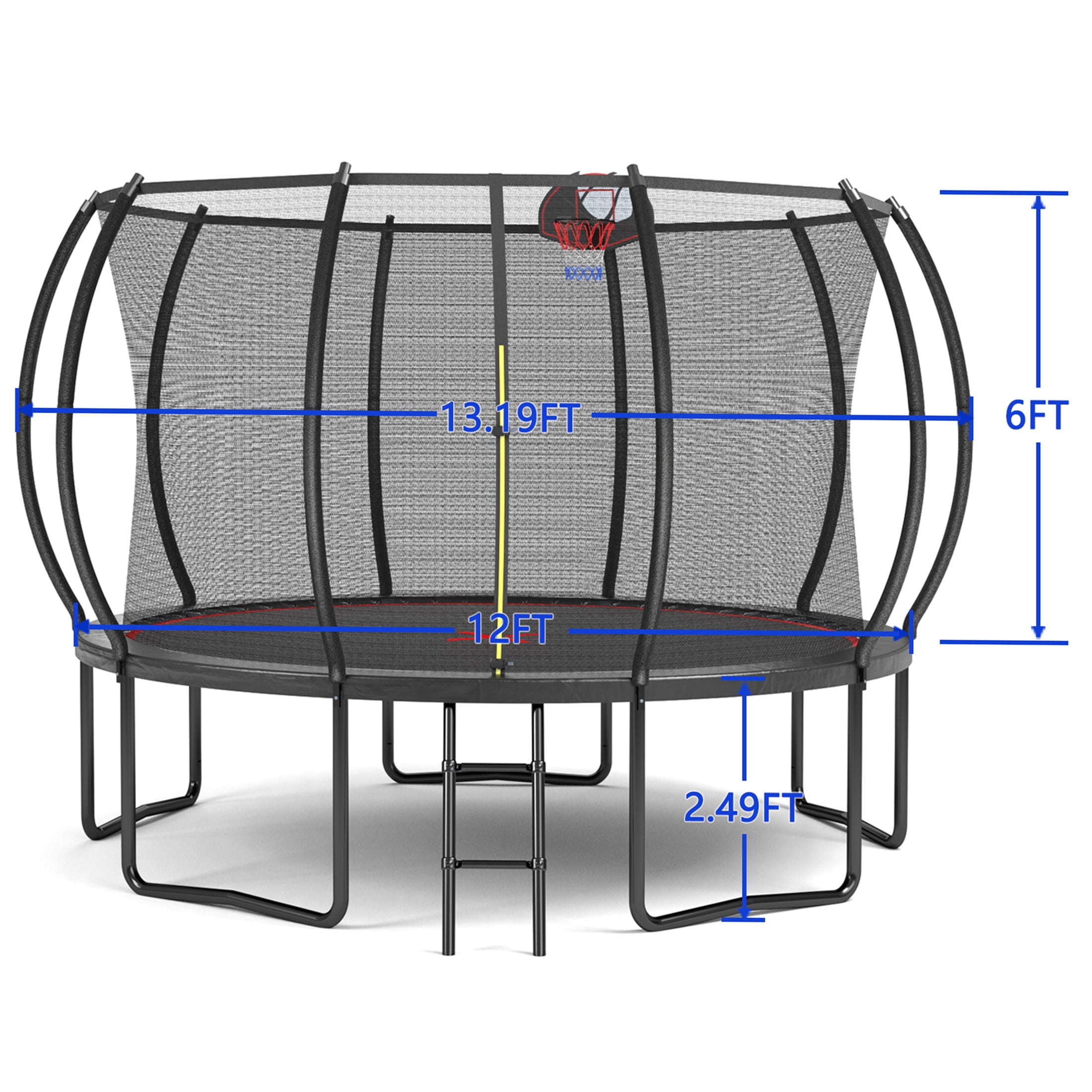 JERFIT 12FT Trampoline with Safety Enclosure Net, Basketball Hoop & Ladder, Outdoor Jumping Mat for Kids, Black and Red