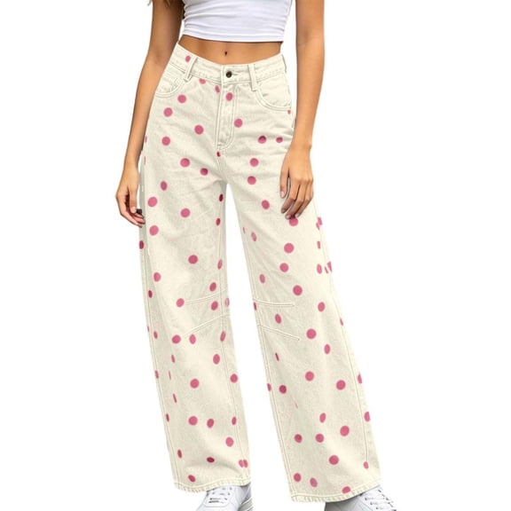 HappyYEE Women’s Polka Dot High Waist Jeans Loose Casual Barrel Denim Pants with Pockets Fashion Vintage Streetwear Daily Bottoms XL