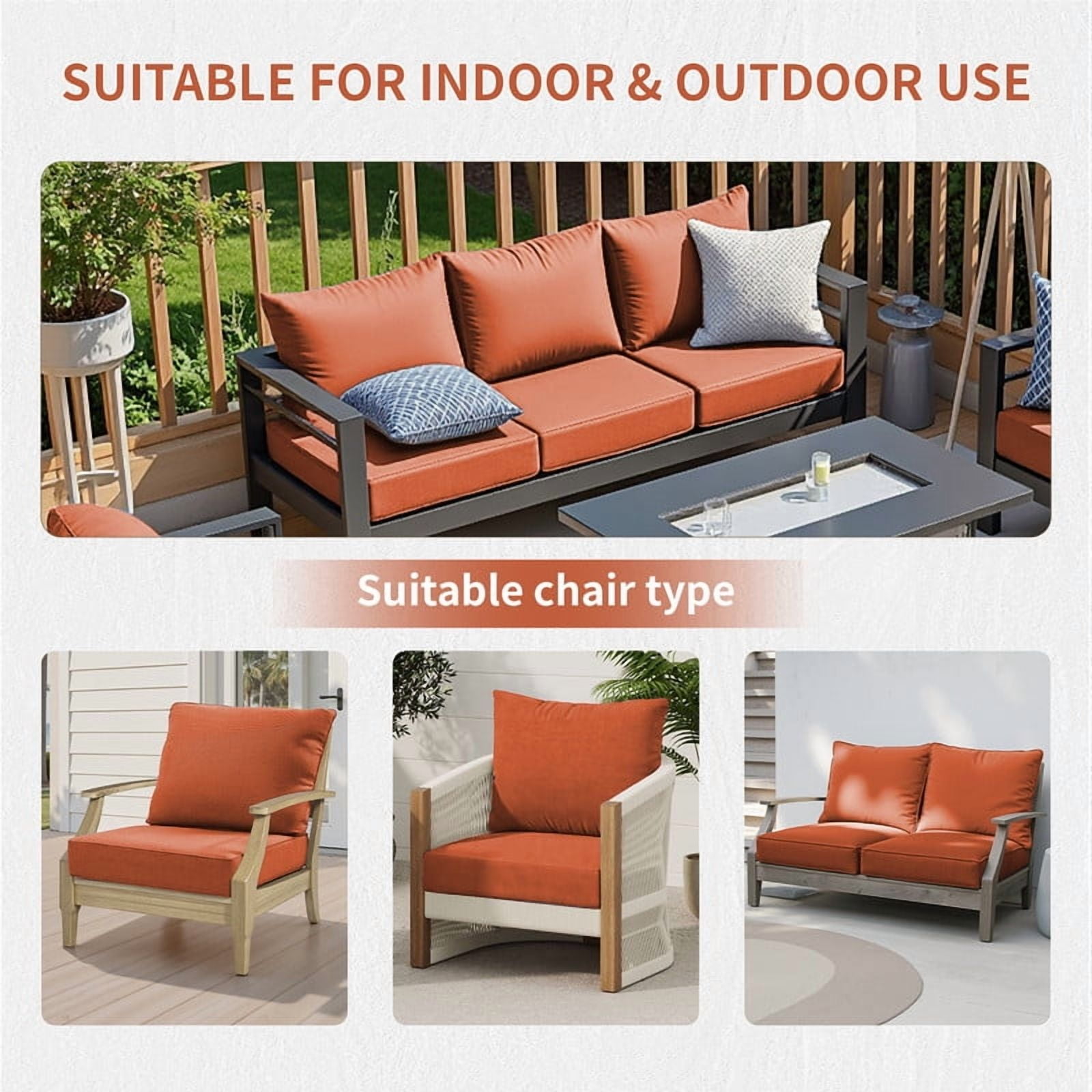 24" x 22" x 6" Outdoor Seat and Back Cushion, Pack of 1, Replacement Furniture Cushions Deep Seating for Patio Sofas Chairs, Orange