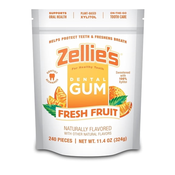 Zellies Xylitol Dental Gum, Fresh Fruit Flavor, Single Pouch, 240 Count