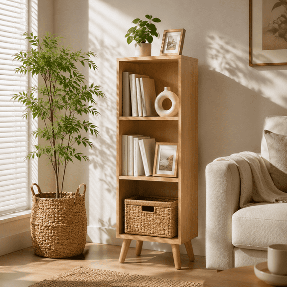 Manxile Cube Bookshelf Organizer,3 Cube Vertical Storage Organizer, Narrow Bookshelf Natural Texture