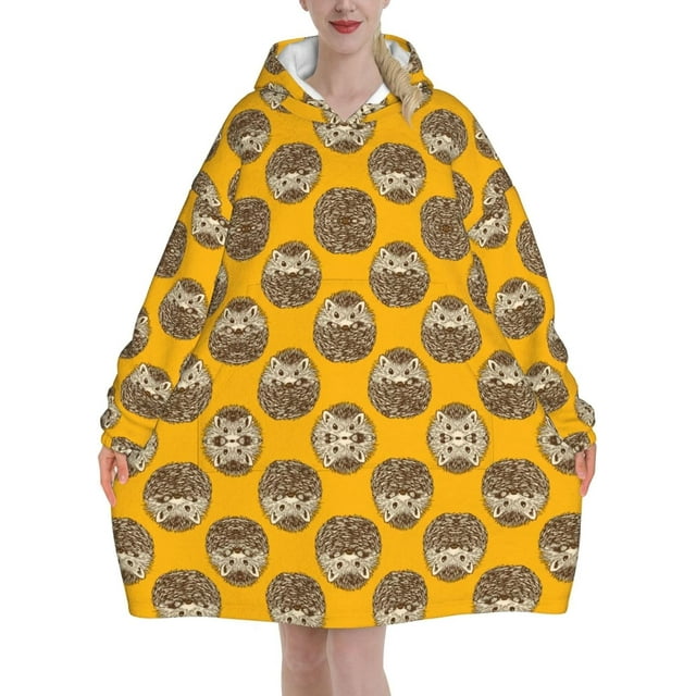Cute Hedgehog,Women's Oversized Wearable Blanket Hoodie, Blanket Sweatshirt,Flannel Pullover Blanket