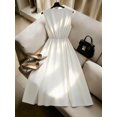 thumbnail image 2 of Apricot V-Neck Ruched Wrap Waist Cinched A-Line Sleeveless Elegant Midi Dress, 2 of 8