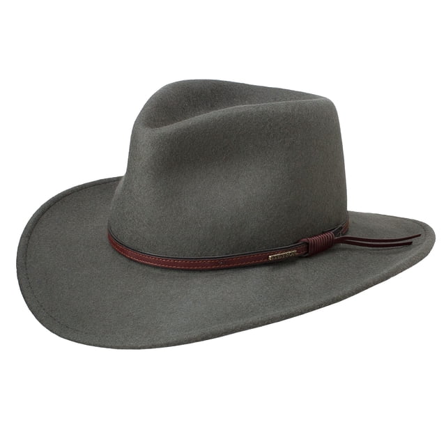 sombrero stetson bozeman de lana resistente al agua talla xxl, vista frontal-lateral de fedora color acero con ala de 8 cm y copa pinch front de 10 cm; banda de cuero marrón con detalle metálico y cierre toggle, badana interior de cuero Drilex, tejido de lana liso; liviano y plegable, apto para senderismo o pesca.