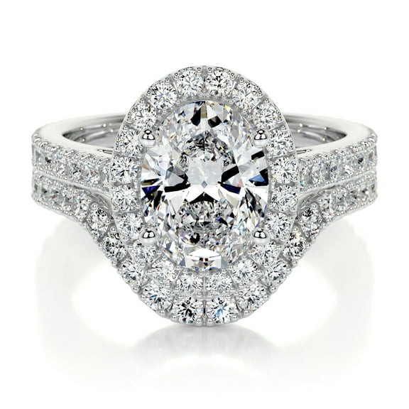 Blue Jewel Oval Cut Halo Engagement Ring - 1.9 Ct Lab-Created Simulated Diamond with Two Eternity Bands in 14K White Gold Plated - Unique Women’s Ring for Gifts and Proposals