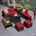 thumbnail image 1 of Costway 9PCS Patio Rattan Furniture Set Fire Pit Space-saving W/Cover Red Cushion, 1 of 10