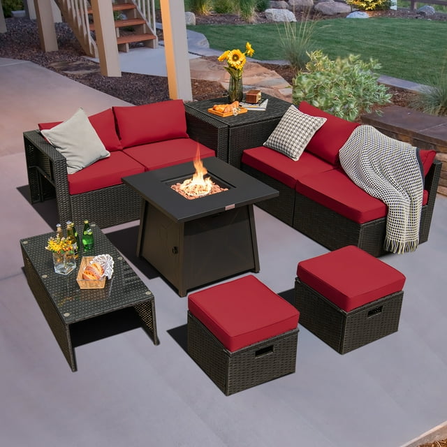 Costway 9PCS Patio Rattan Furniture Set Fire Pit Space-saving W/Cover Red Cushion