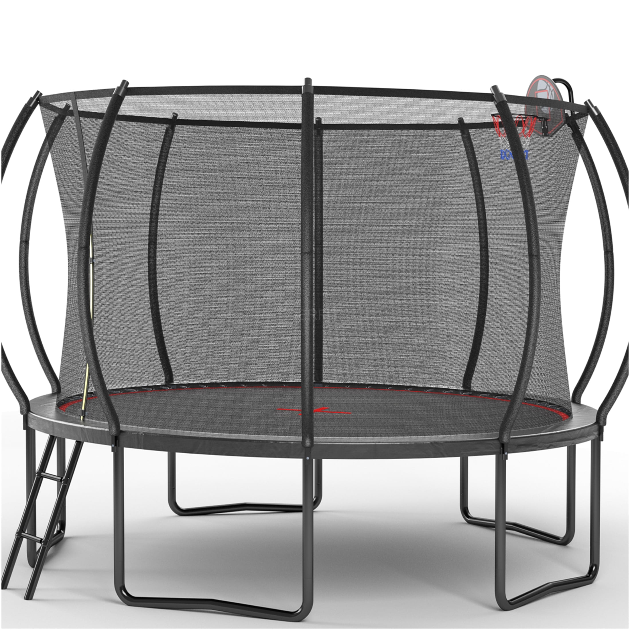 JERFIT 12FT Trampoline with Safety Enclosure Net, Basketball Hoop & Ladder, Outdoor Jumping Mat for Kids, Black and Red