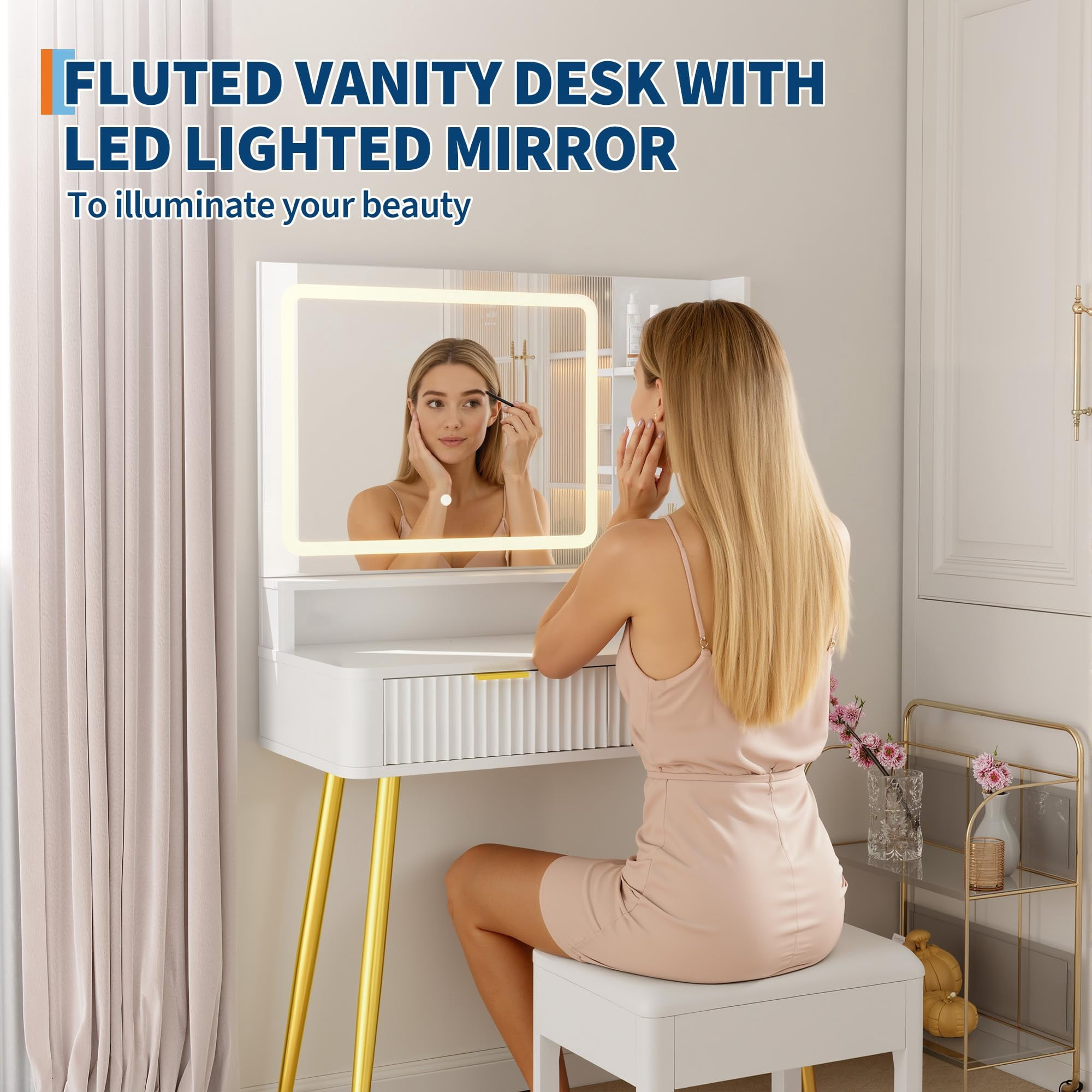 Fluted Vanity Desk with Mirror and Lights, 31 in Small Makeup Vanity Storage Cabinet & 2 Drawers, 3 Lighting Modes, Stylish Dressing Table for Bedroom