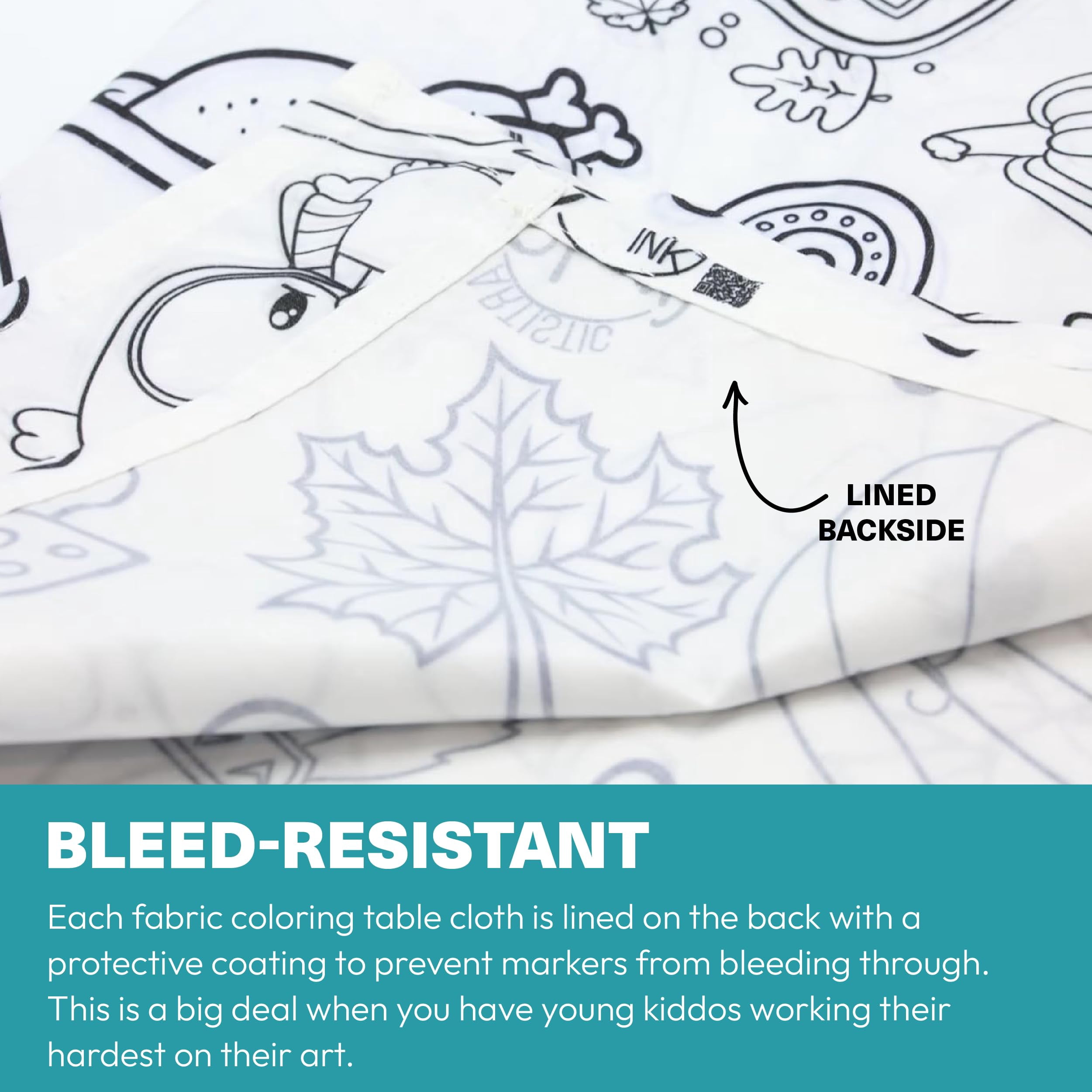 Fabric Reusable Coloring Tablecloth - Washable Coloring Mat for Kids and Adults, Giant Coloring Poster with Bleed-Resistant Lining, Sewn Edges, and Fun Designs (Food, 48"x60")