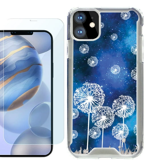 For Apple iPhone 12 Case, iPhone 12 Pro Case, Hybrid Bumper Phone case, with Tempered Glass Screen Protector, by OneToughShield ® - Dandelion Stars