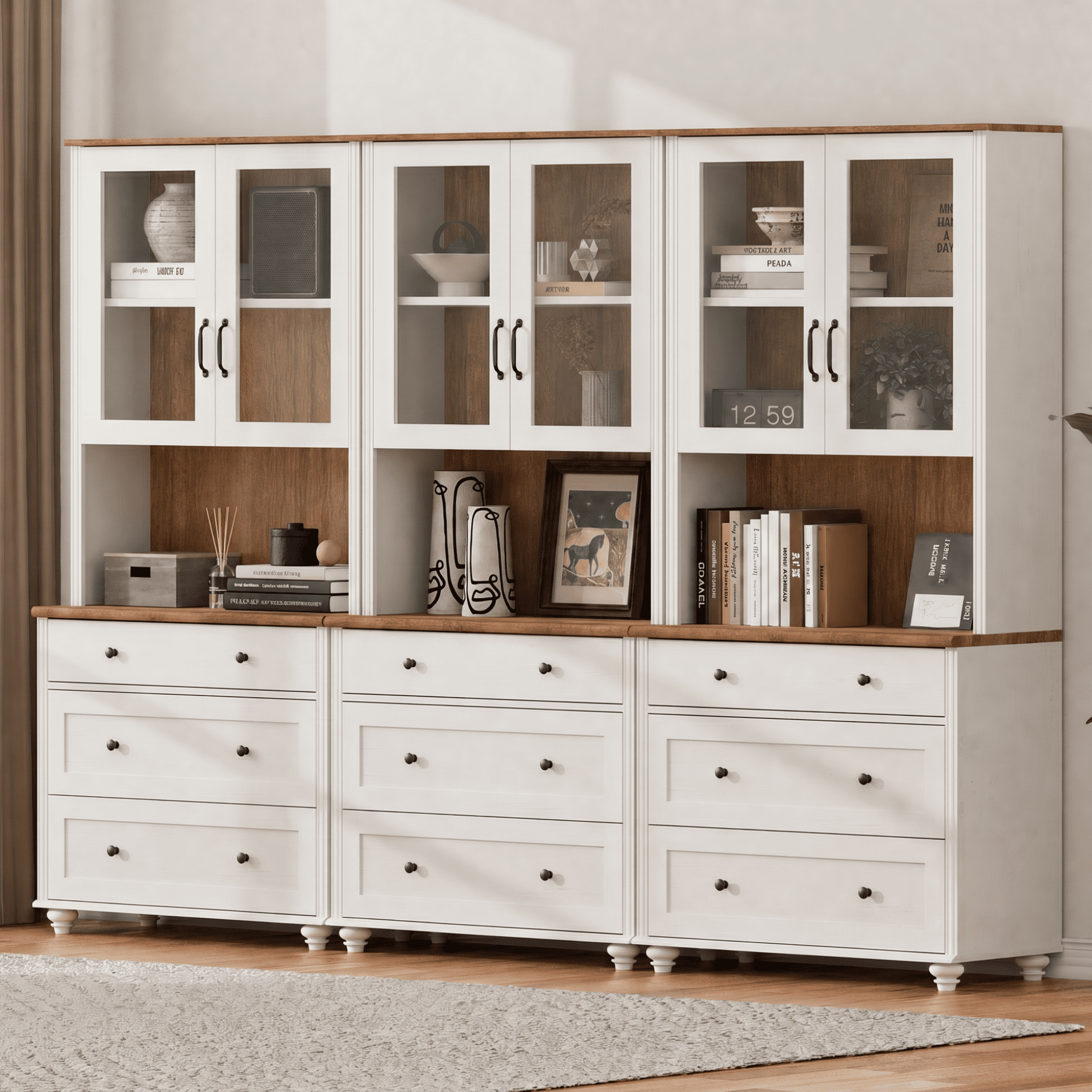 White Large Bookcase with Glass Doors, Bookshelf with 9 Drawers, Farmhouse Library Wooden Bookshelves for Living Room, Office, Kitchen, Study Room