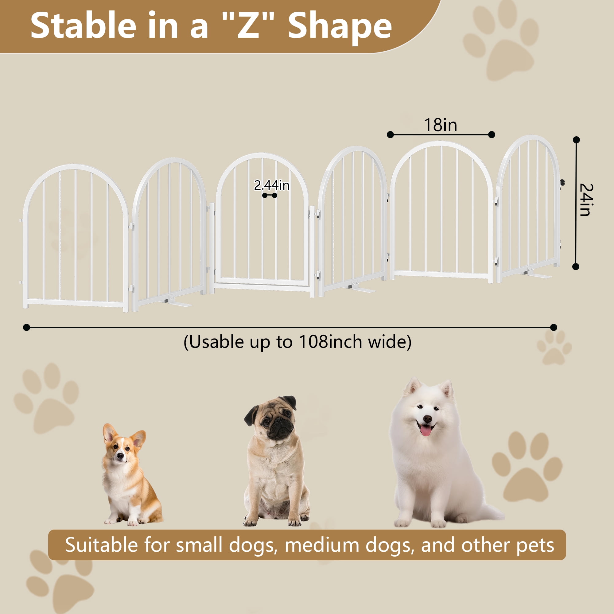 CBJCBJ Indoor Pet Gate, 6 Panel Folding Dog Gate , 24"H Freestanding Metal Pet Fence for Cats and Dogs ,White
