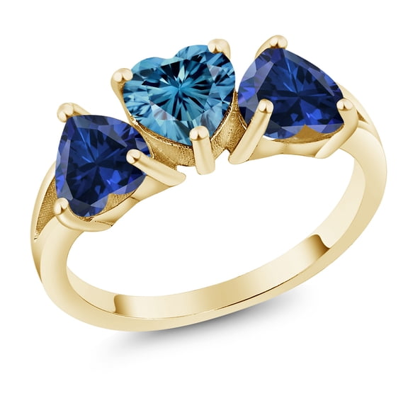 Gem Stone King 18K Yellow Gold Plated Silver 3-Stone Ring Heart Shape Persian Blue Moissanite and Created Sapphire Blue (2.40 Cttw, Size 9)