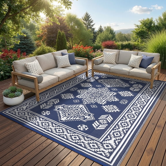 Haperlare 8'x10' Boho Outdoor Rug Plastic Reversible Outdoor Carpet, Waterproof Straw Patio Rug RV Camping Mat with Storage Bag for Deck Porch Beach Backyard, Dark Blue