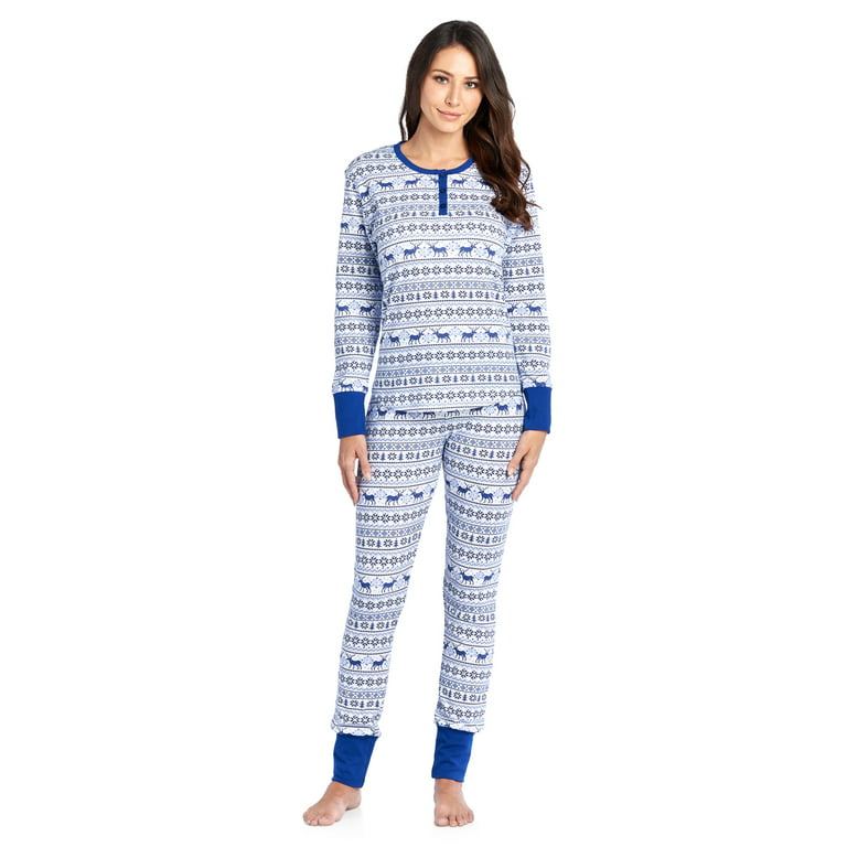 Ashford & Brooks Women's Printed Thermal Waffle Knit PJ Set - Blue Reindeer  Fair Isle - Large 
