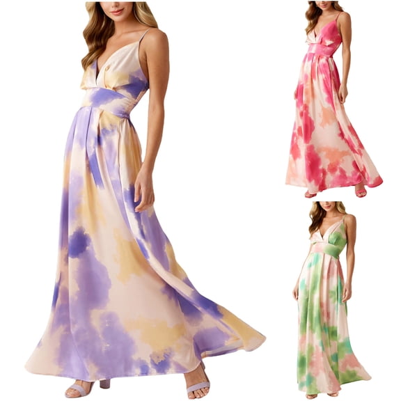 THDHVS Maxi Dresses for Women 2025,Women's Casual Dresses,Beach Sundress Spaghetti Strap Tiered Summer Wedding Guest Long Dress Green L