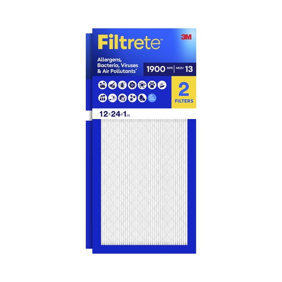 Filtrete 12x24x1 HVAC Furnace Air Filter, MPR 1900 MERV 13, Premium Allergen, Bacteria and Virus, 2 Pack