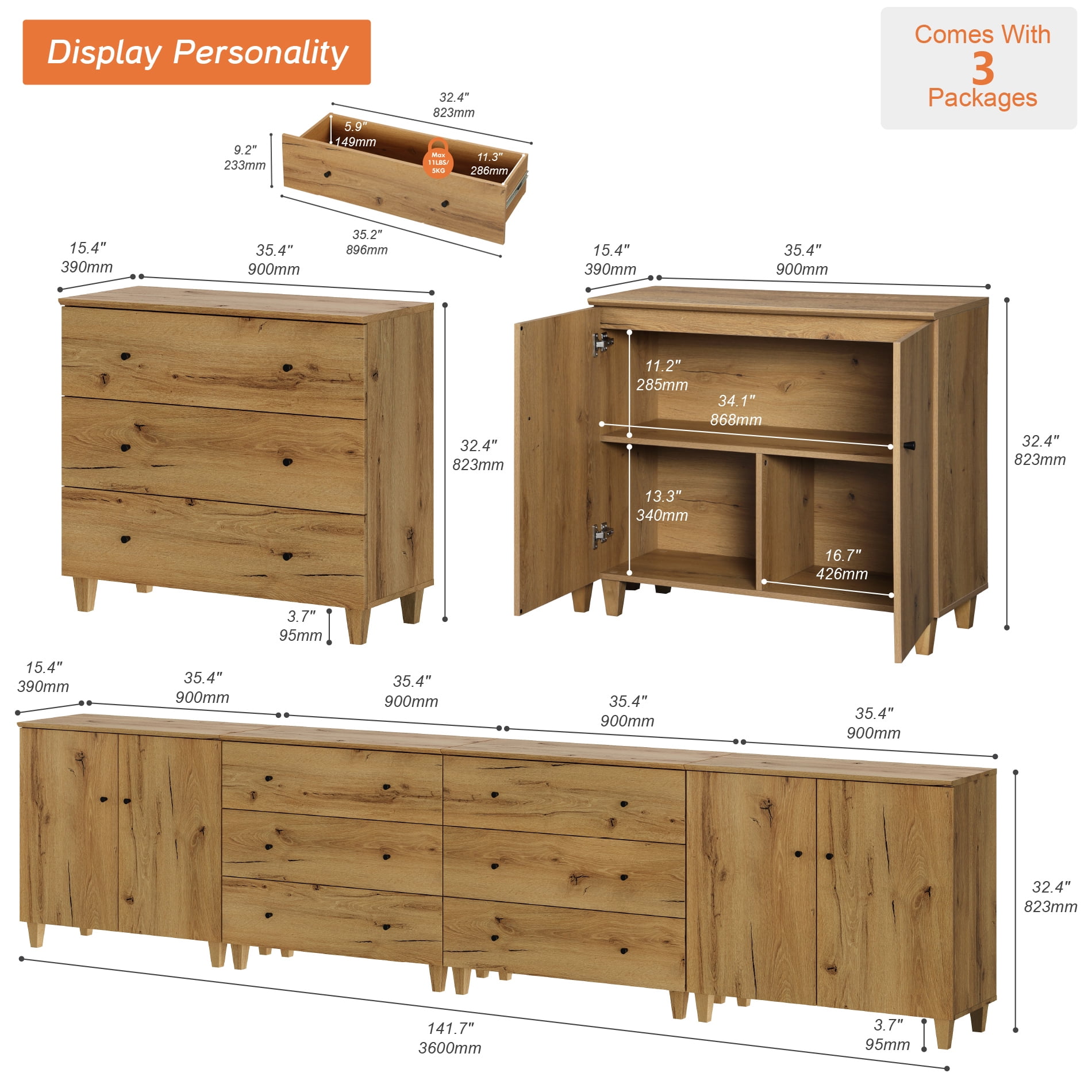 WAMPAT Extra Long Modern TV Stand for 120+ Inches TVs, 3-in-1 Large Wooden Media Console with 6 Spacious Drawers and 2 Storage Cabinets for Living Room, Oak Brown