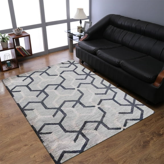 HAND KNOTTED WOOL GEOMETRIC MODERN AREA RUGS - 5'x8', Rectangle Shape, Beige Black Color, Classic Traditional Design, Low Pile Handmade Area Rugs for Living Room, Bed Room (N00957)