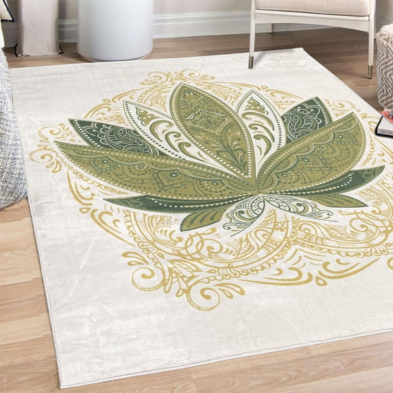 Lotus Decorative Rug, Flower Bloom Ornaments Exotic Petals Oriental Traditional Boho Design, Quality Carpet for Bedroom Dorm and Living Room, 6 Sizes, Khaki White, by Ambesonne