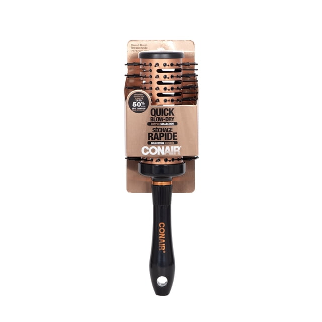 Conair Quick Blow Dry copper vented round brush with black handle and copper barrel in retail packaging