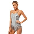 thumbnail image 5 of Raenseen Womens Sleeveless Sequin Leotard with Fringe Latin Jazz Chacha Ballroom Dance Costume Silver M, 5 of 8