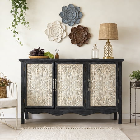 Heynemo Vintage Storage Cabinet with 3 Carved Doors, Rustic Buffet Cabinet with Shelves, Wood Accent Sideboard for Kitchen, Dining Room, Living Room, Bedroom, Black & White