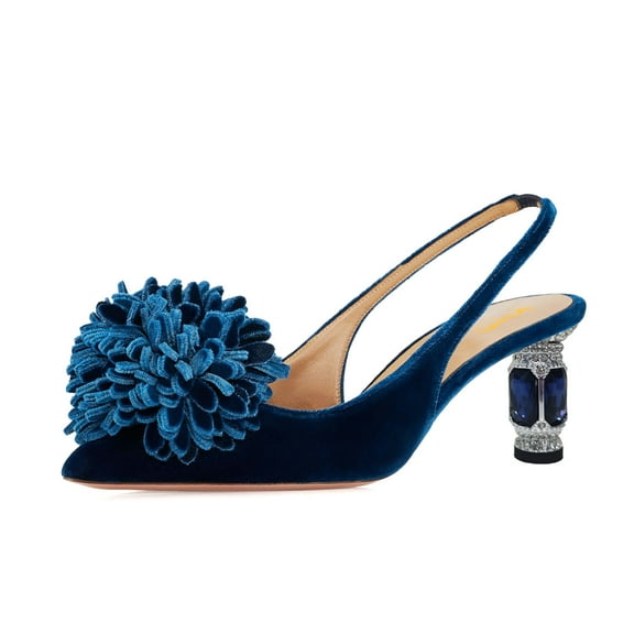 XYD Women Graceful Flower Pointy Closed Toe Velvet Pumps Block Crystal Mid Heels Slingbacks Dressy Weddding Shoes Size 5 Navy