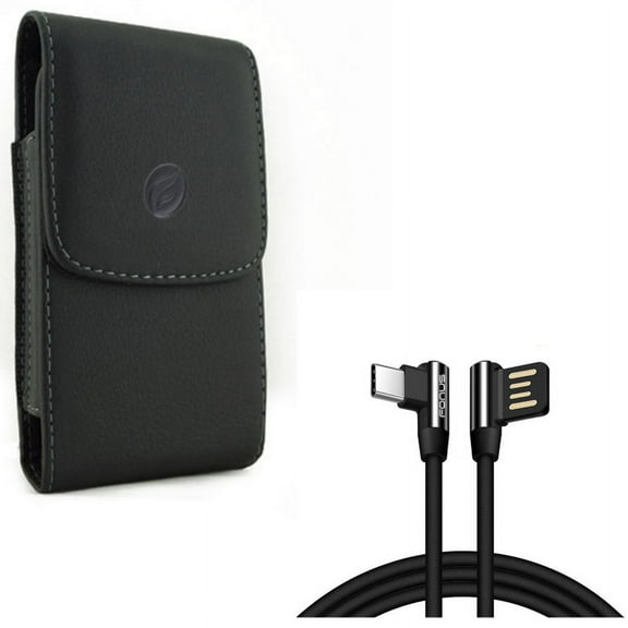Holster Leather Case Belt Clip w Charger Cord 6ft Type-C Angle USB Cable E1M for Motorola Moto Z3 Play Z2 Play Z Play Droid Force Droid G7 - OnePlus 5T, 6, 6T - Razer Phone 2