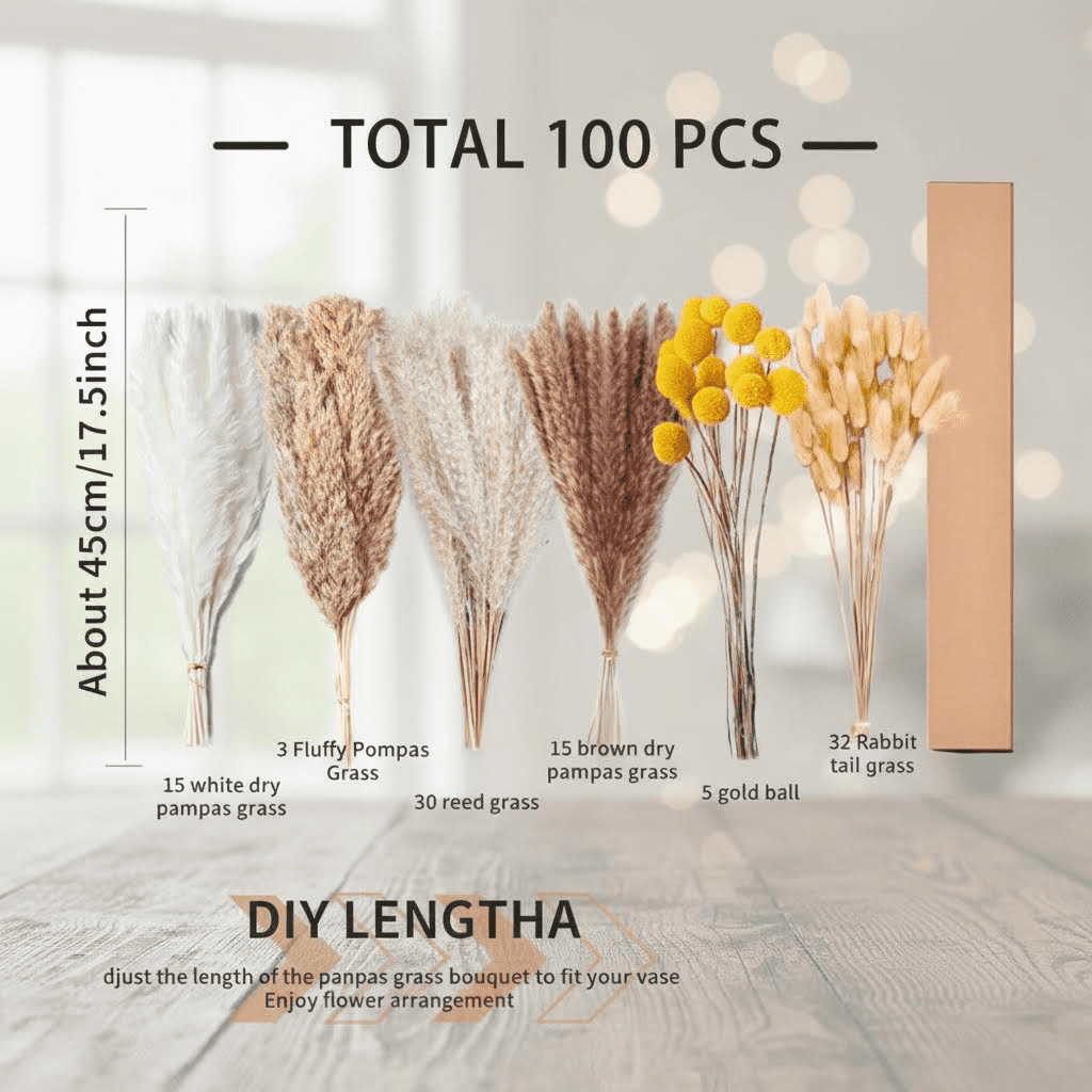 100PCS Dried Pampas Grass Bouquet, 17.5 Inch Fluffy Boho Decor, Natural Dried Flowers for Wedding Centerpieces, Home Floral Arrangements, and Party Table Decorations