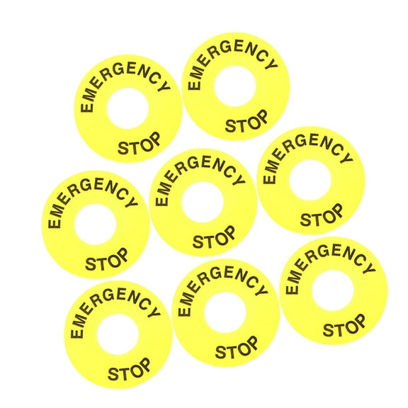 8pcs 22mm Yellow Emergency Stop Buttons with Warning Rings and Signs for Push Button Switch Replacement Safety Decal