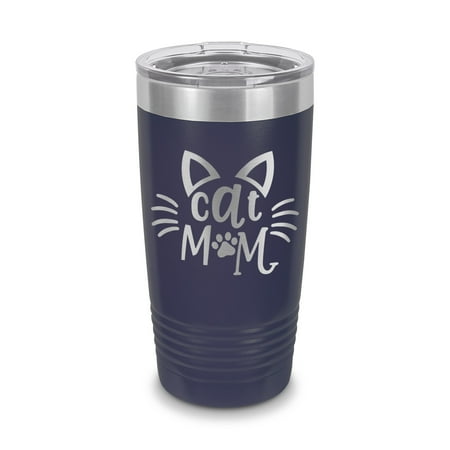 

Cat Mom Tumbler 20 oz - Laser Engraved w/ Clear Lid - Stainless Steel - Vacuum Insulated - Double Walled - Travel Mug - cats lover pet - Navy