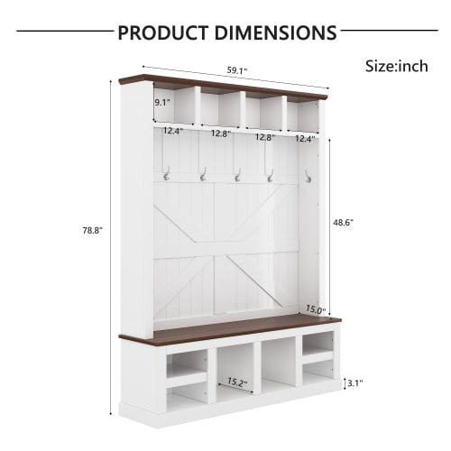 78.8" H Farmhouse Hall Tree with Bench and Shoe Storage – Entryway Coat Rack with 6 Double Hooks, 4 Top & 4 Bottom Cubbies, Adjustable Shelves, White