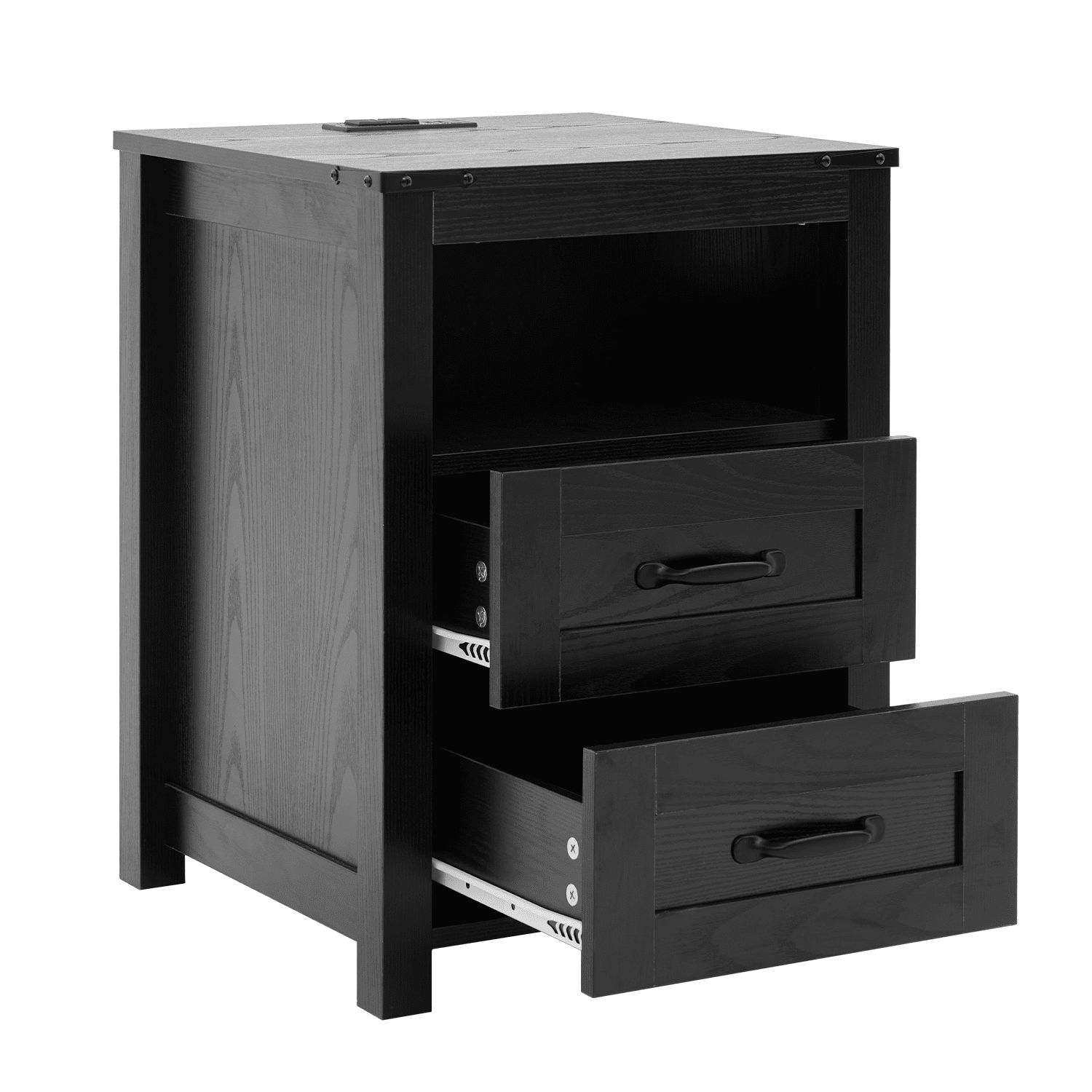 Nightstand with Charging Station,Side Table with 2 Drawers Storage Cabinet for Bedroom, Living Room, Black