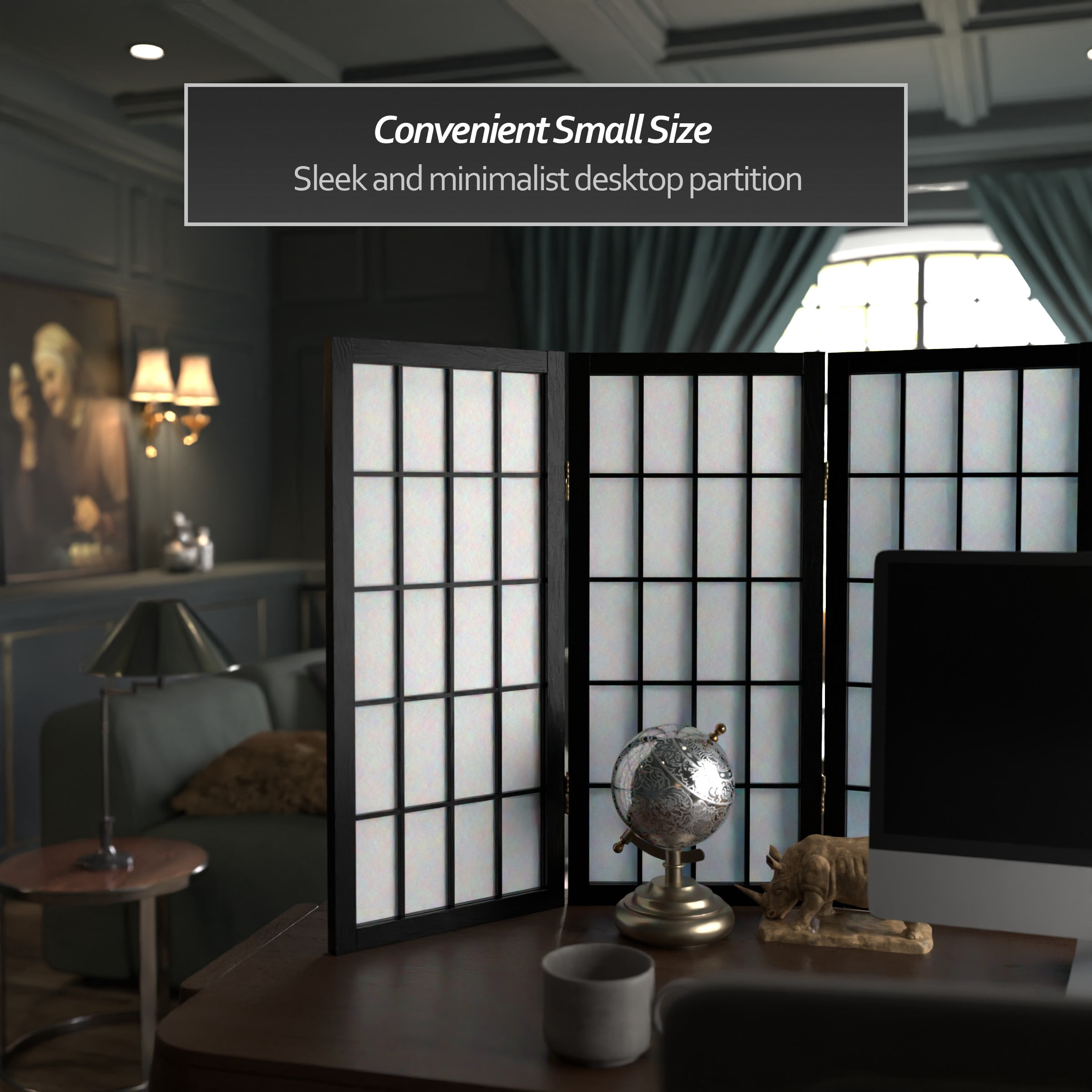 2 ft. Tall Desktop Window Pane Shoji Screen - Black - 3 Panels